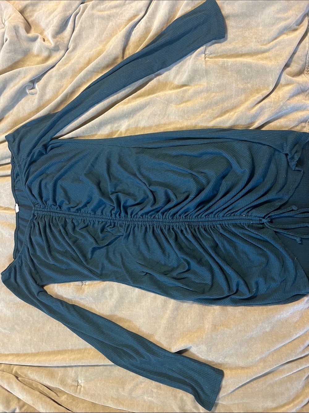 Long Sleeve Ruched Front Ribbed Dress in Deep Teal